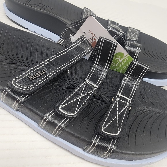 KuaiLu Womens Adjustable Triple Strap Slide Sandals Black Blue US 10 NEW - Picture 2 of 9